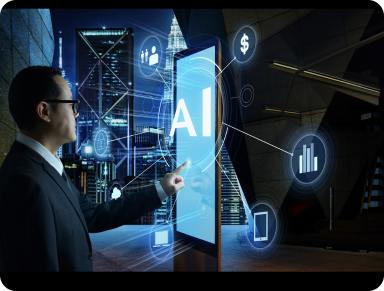 An image showing a futuristic AI technology integrated into a business setting.