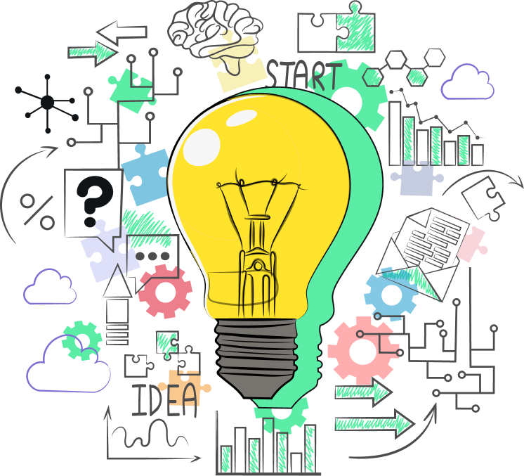A light bulb illustration surrounded by various colorful icons and symbols representing ideas, puzzles, gears, graphs, and clouds, symbolizing creativity and problem-solving.